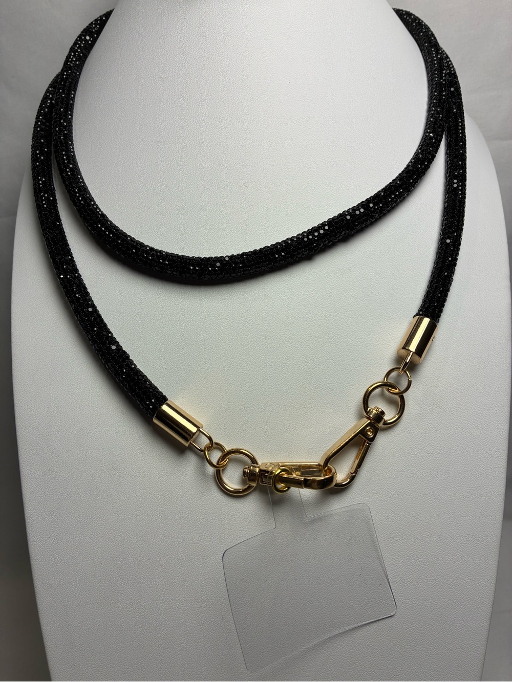 Black Crystal Rope Crossbody Strap Phone Lanyard with Gold Hardware
